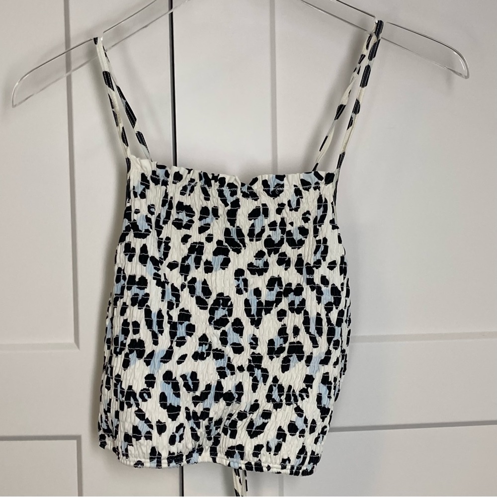 SO Shirred Leopard Print Crop Top Back Lacing White Black Blue